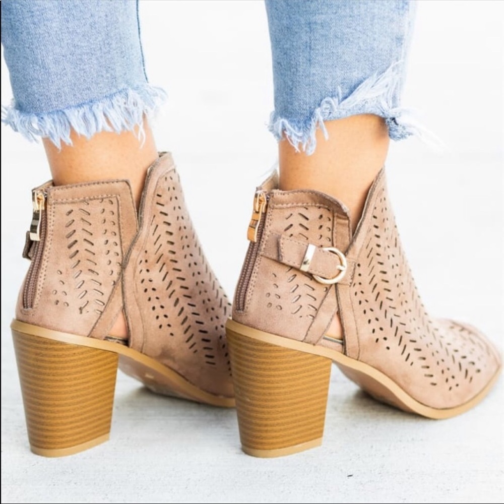 Taupe open toe buckle accent booties - Picture 6 of 7